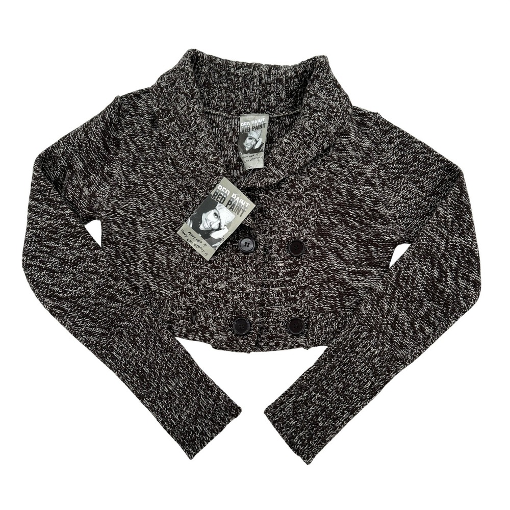 Red Paint Women L Cropped Tight Knit Sweater Double Button Brown White Speckle